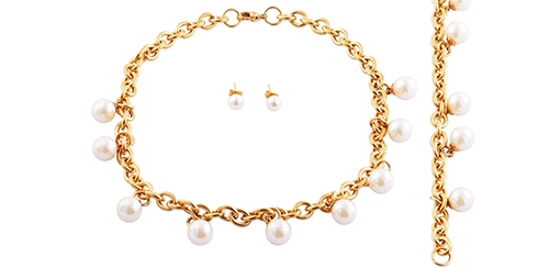 Conjunto colar, pulseira e brincos - Dourado com pérolas Akzent