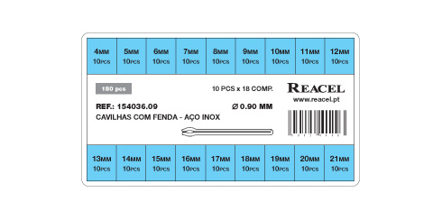 Sortido de cavilhas com fenda aço inox - 0.90 mm - 180 peças