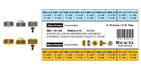 Sortido coroas diversas inox cromo e plaquet 0.70 mm - 63 peças