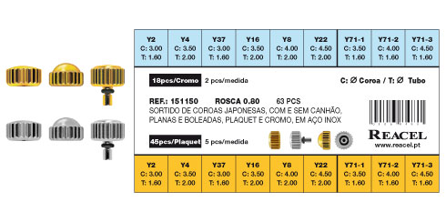 Sortido coroas japonesas inox plaquet e cromo 0.80 mm - 63 peças
