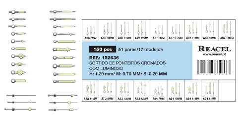 Sortido de ponteiros com luminoso (H/M/S) - 17 modelos - 51 pares