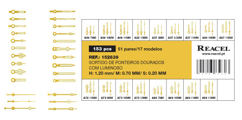 Sortido de ponteiros com luminoso (H/M/S) - 17 modelos - 51 pares